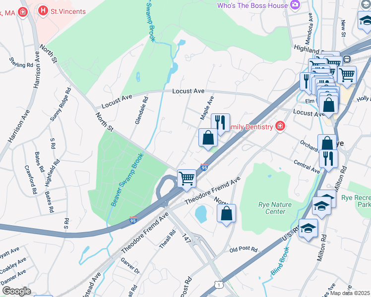 map of restaurants, bars, coffee shops, grocery stores, and more near 119A Maple Avenue in Rye
