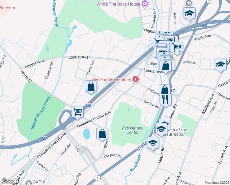 map of restaurants, bars, coffee shops, grocery stores, and more near 125 Central Avenue in Rye