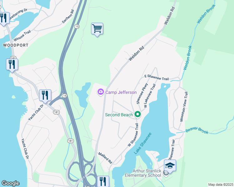 map of restaurants, bars, coffee shops, grocery stores, and more near 36 Highview Trail in Wharton