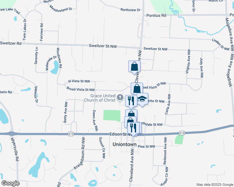 map of restaurants, bars, coffee shops, grocery stores, and more near 3626 Broad Vista Street Northwest in Uniontown