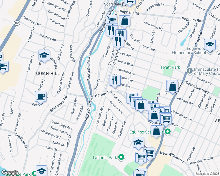 map of restaurants, bars, coffee shops, grocery stores, and more near 732 Scarsdale Avenue in Scarsdale