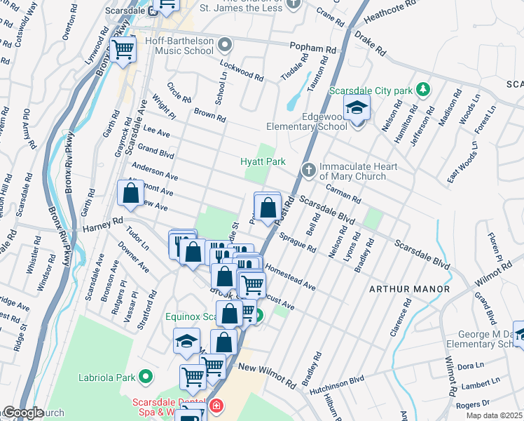 map of restaurants, bars, coffee shops, grocery stores, and more near 19 Evon Court in Scarsdale