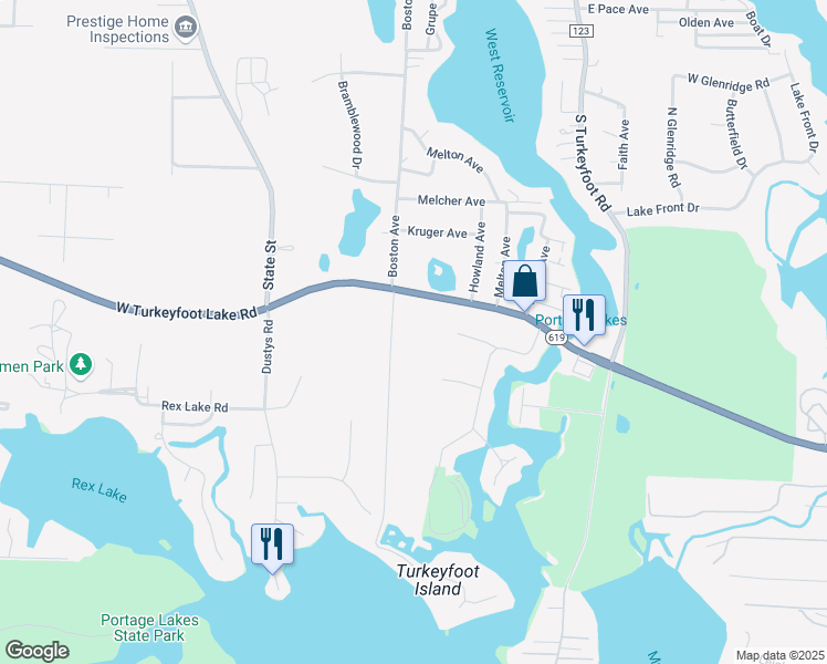 map of restaurants, bars, coffee shops, grocery stores, and more near 530 West Turkeyfoot Lake Road in Akron