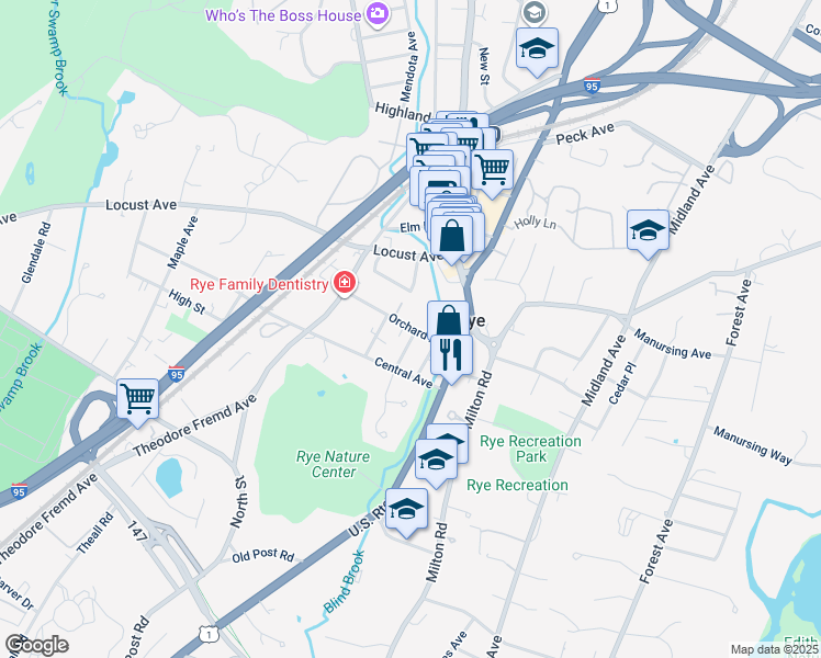 map of restaurants, bars, coffee shops, grocery stores, and more near 4 Walnut Street in Rye