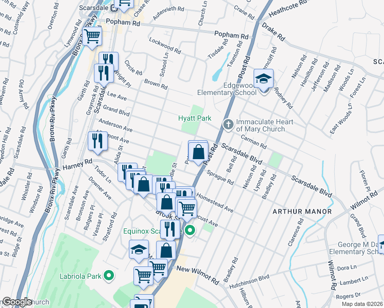 map of restaurants, bars, coffee shops, grocery stores, and more near 19 Evon Court in Scarsdale