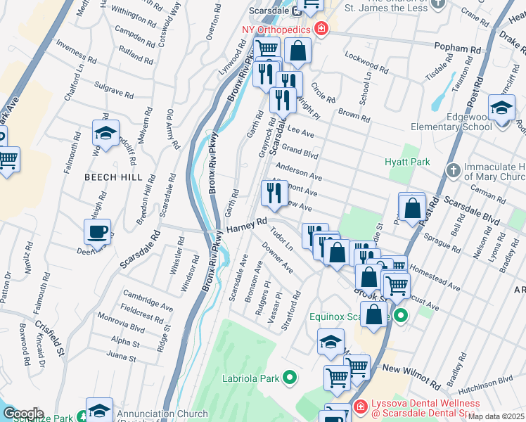 map of restaurants, bars, coffee shops, grocery stores, and more near 2 Harney Road in Scarsdale