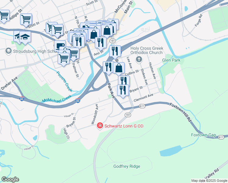 map of restaurants, bars, coffee shops, grocery stores, and more near 318 Pennsylvania 611 in Stroudsburg