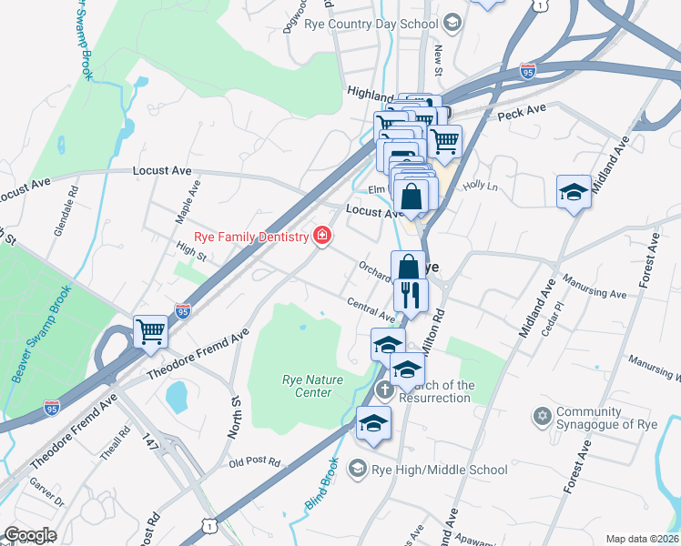 map of restaurants, bars, coffee shops, grocery stores, and more near 26 Chestnut Street in Rye