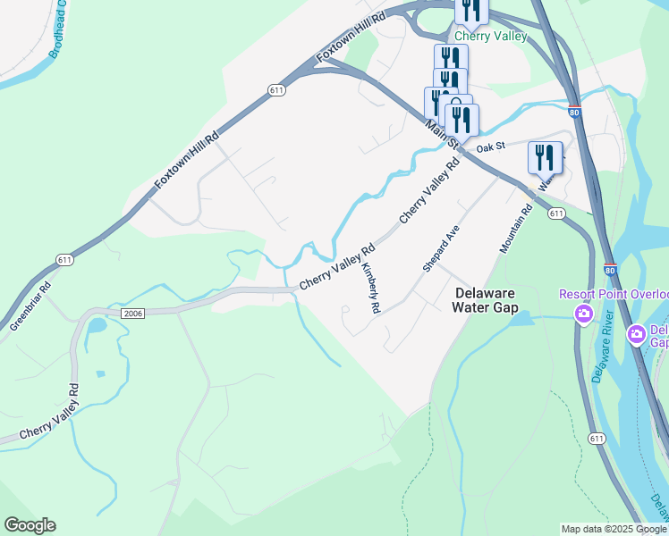 map of restaurants, bars, coffee shops, grocery stores, and more near 7642 Cherry Valley Road in Stroudsburg