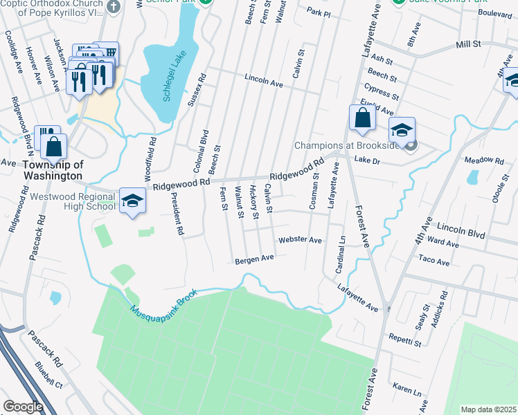 map of restaurants, bars, coffee shops, grocery stores, and more near 155 Hickory Street in Township of Washington
