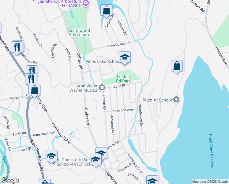 map of restaurants, bars, coffee shops, grocery stores, and more near 135 Claremont Terrace in Wayne