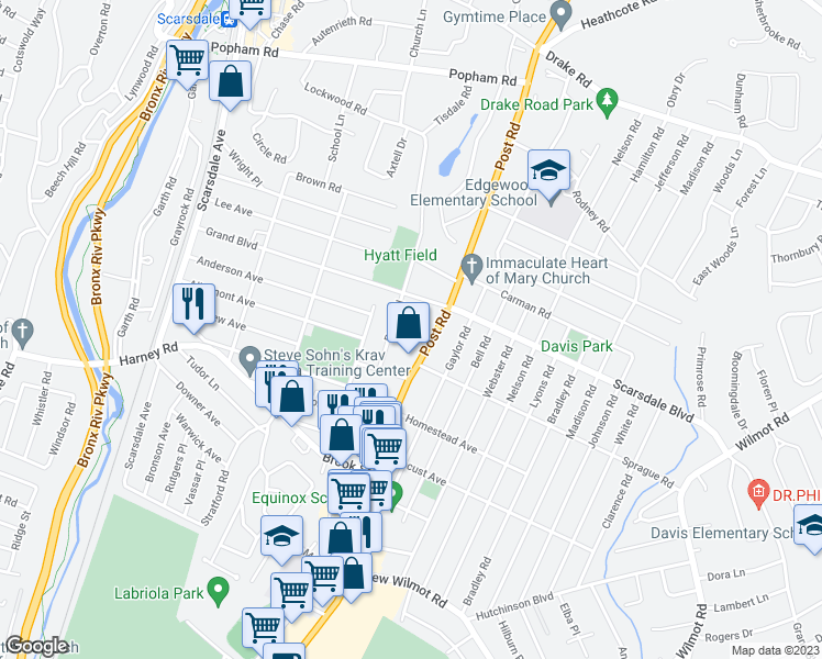 map of restaurants, bars, coffee shops, grocery stores, and more near 11 Evon Court in Scarsdale