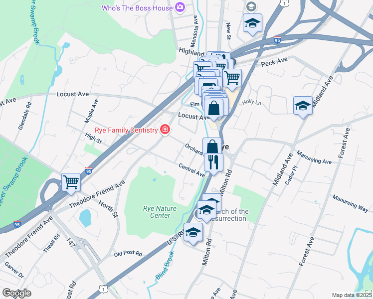 map of restaurants, bars, coffee shops, grocery stores, and more near 26 Chestnut Street in Rye