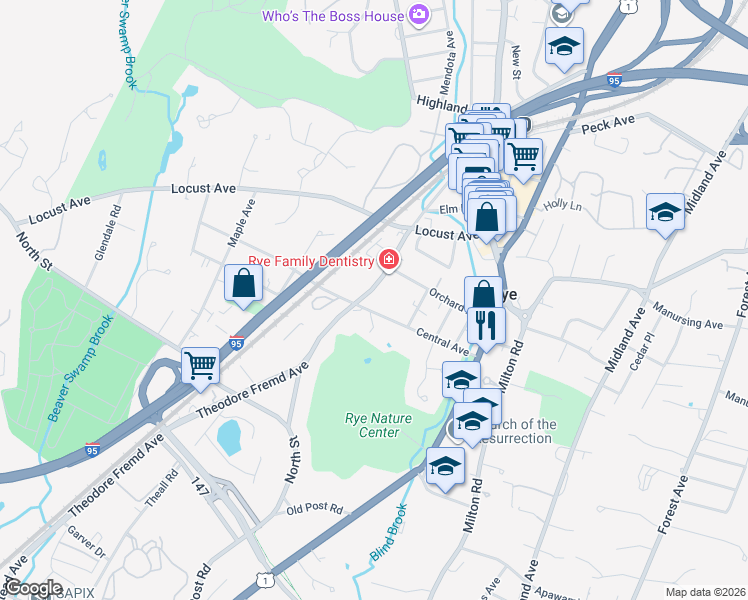 map of restaurants, bars, coffee shops, grocery stores, and more near 135 Theodore Fremd Avenue in Rye