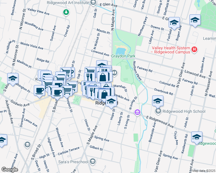 map of restaurants, bars, coffee shops, grocery stores, and more near 232 Franklin Avenue in Ridgewood