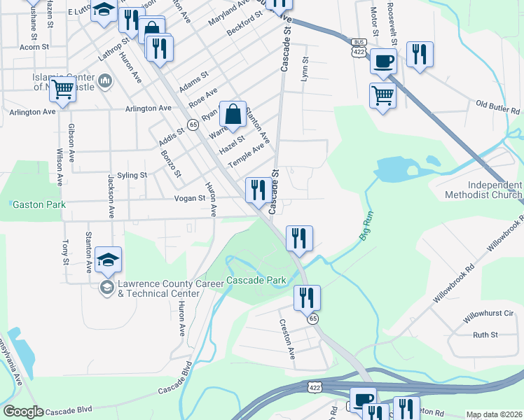 map of restaurants, bars, coffee shops, grocery stores, and more near 1825 East Washington Street in New Castle