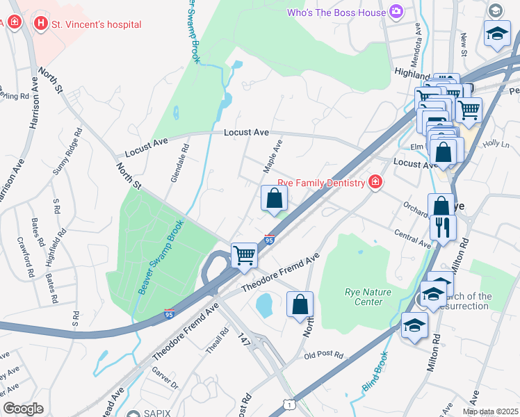map of restaurants, bars, coffee shops, grocery stores, and more near 119A Maple Avenue in Rye