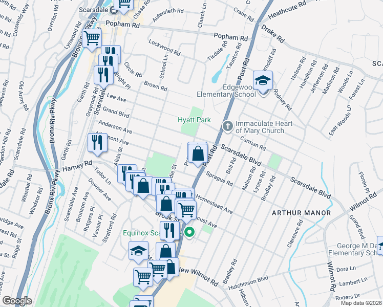 map of restaurants, bars, coffee shops, grocery stores, and more near 19 Evon Court in Scarsdale