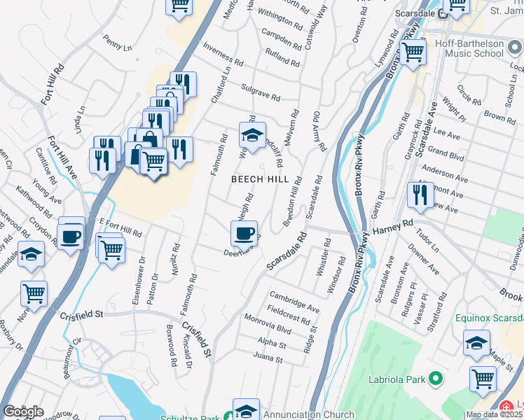 map of restaurants, bars, coffee shops, grocery stores, and more near 117 Deerhurst Road in Scarsdale