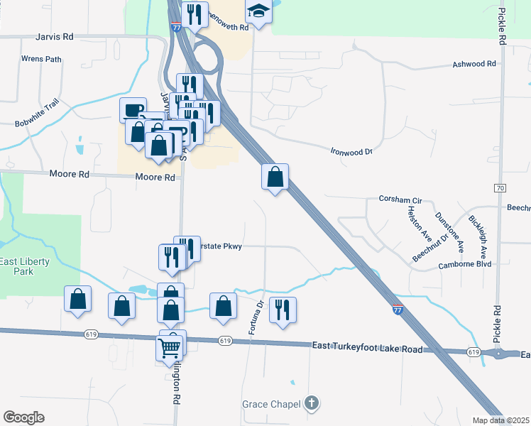 map of restaurants, bars, coffee shops, grocery stores, and more near 3001-3099 Fortuna Drive in Akron