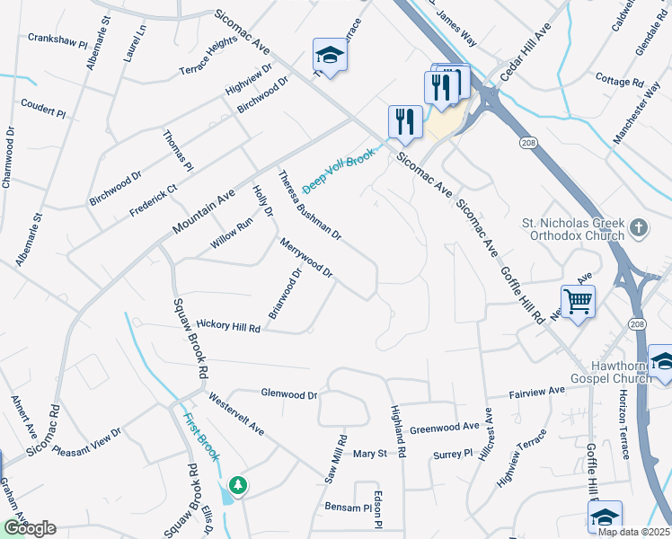 map of restaurants, bars, coffee shops, grocery stores, and more near 300 Merrywood Drive in Wyckoff