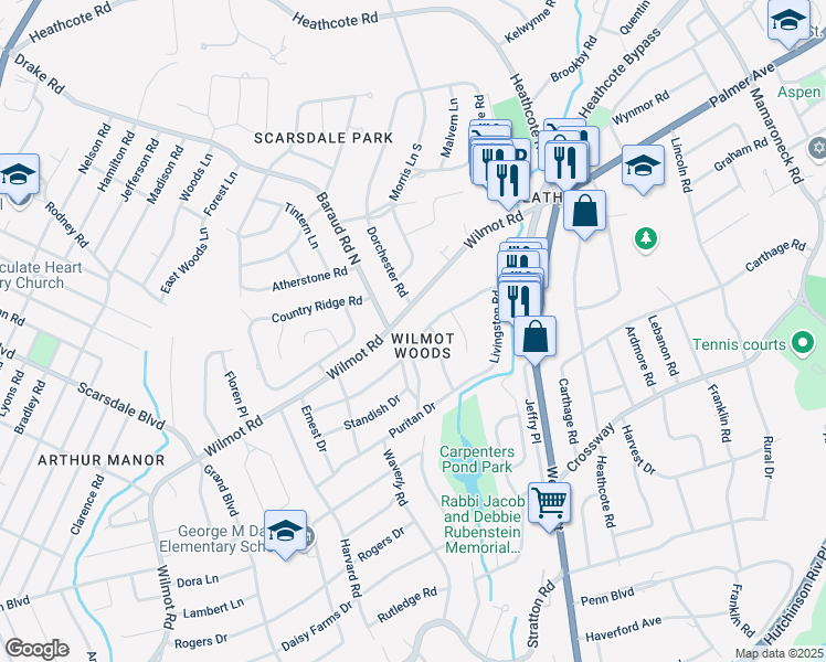 map of restaurants, bars, coffee shops, grocery stores, and more near 28 Baraud Road North in Scarsdale