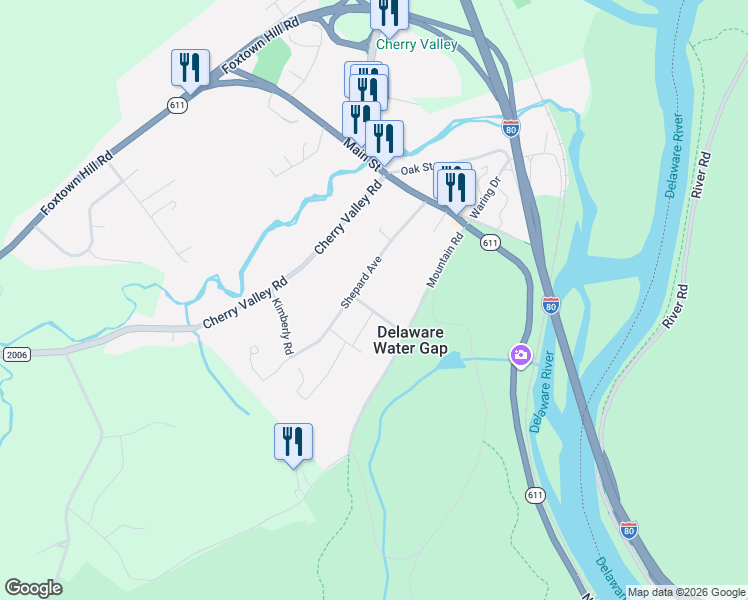 map of restaurants, bars, coffee shops, grocery stores, and more near 2-30 Minsi Rd in Delaware Water Gap