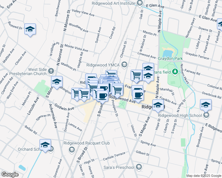 map of restaurants, bars, coffee shops, grocery stores, and more near 127 East Ridgewood Avenue in Ridgewood