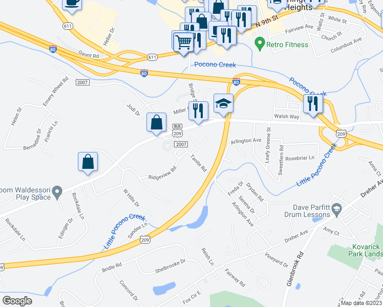 map of restaurants, bars, coffee shops, grocery stores, and more near 206 Howard Street in Stroudsburg