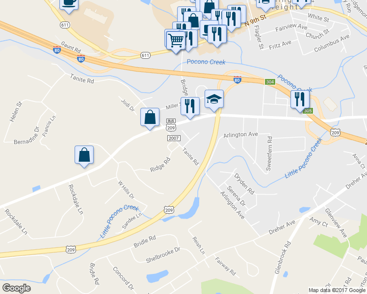 map of restaurants, bars, coffee shops, grocery stores, and more near 210 Howard Street in Stroudsburg