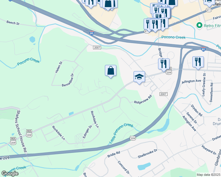 map of restaurants, bars, coffee shops, grocery stores, and more near Westhill Drive in Stroudsburg