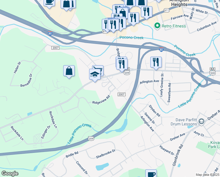 map of restaurants, bars, coffee shops, grocery stores, and more near 2320 Evergreen Court in Stroudsburg