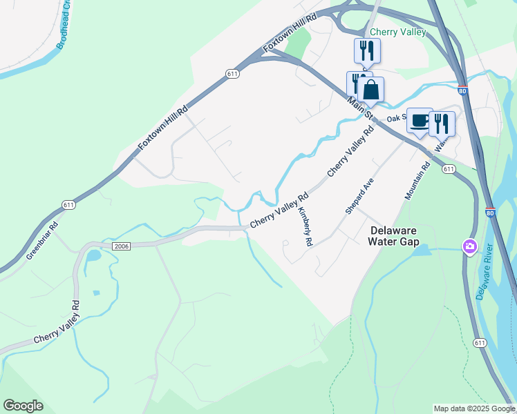 map of restaurants, bars, coffee shops, grocery stores, and more near 7629 Cherry Valley Road in Stroudsburg