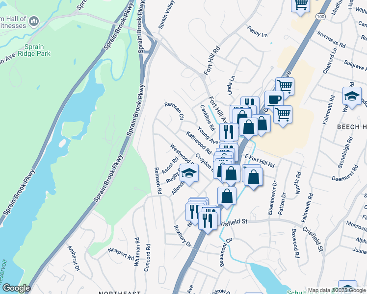 map of restaurants, bars, coffee shops, grocery stores, and more near 63 Westwood Road in Yonkers