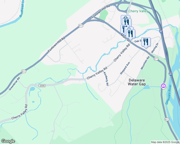 map of restaurants, bars, coffee shops, grocery stores, and more near 7629 Cherry Valley Road in Stroudsburg