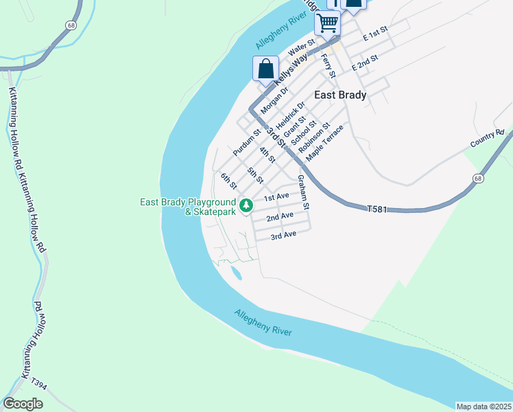 map of restaurants, bars, coffee shops, grocery stores, and more near 910 2nd Avenue in East Brady