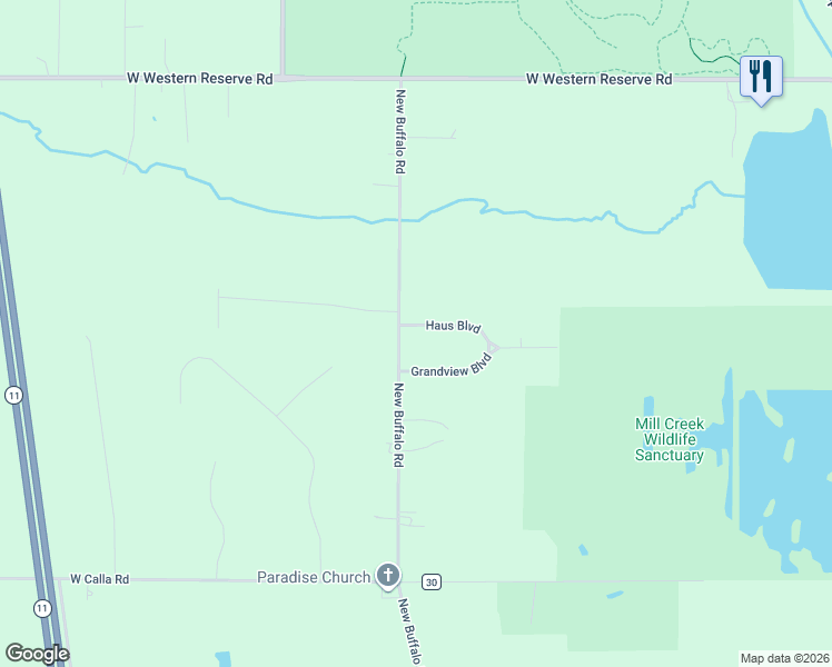 map of restaurants, bars, coffee shops, grocery stores, and more near 9537 New Buffalo Road in Canfield