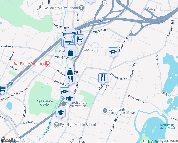 map of restaurants, bars, coffee shops, grocery stores, and more near 90 Grapal Street in Rye