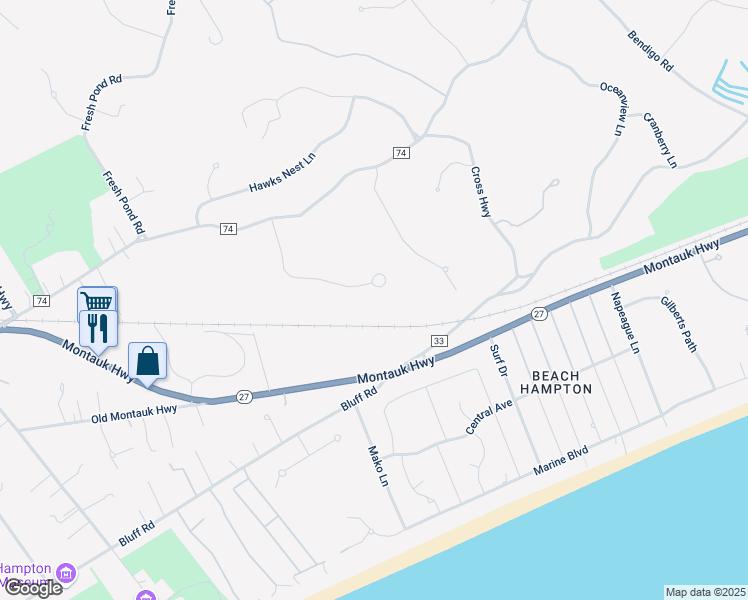 map of restaurants, bars, coffee shops, grocery stores, and more near 82 Scrimshaw Lane in Amagansett