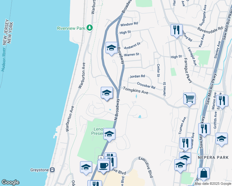 map of restaurants, bars, coffee shops, grocery stores, and more near 75 Old Broadway in Hastings-on-Hudson