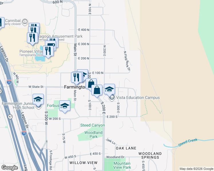 map of restaurants, bars, coffee shops, grocery stores, and more near 12 North 200 East in Farmington