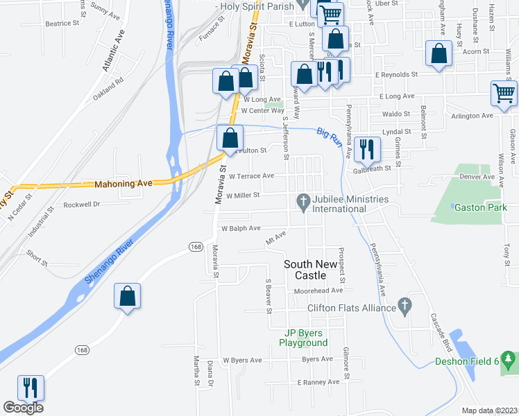 map of restaurants, bars, coffee shops, grocery stores, and more near 28 West Chartes Street in New Castle