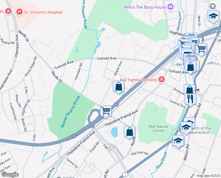 map of restaurants, bars, coffee shops, grocery stores, and more near 119A Maple Avenue in Rye