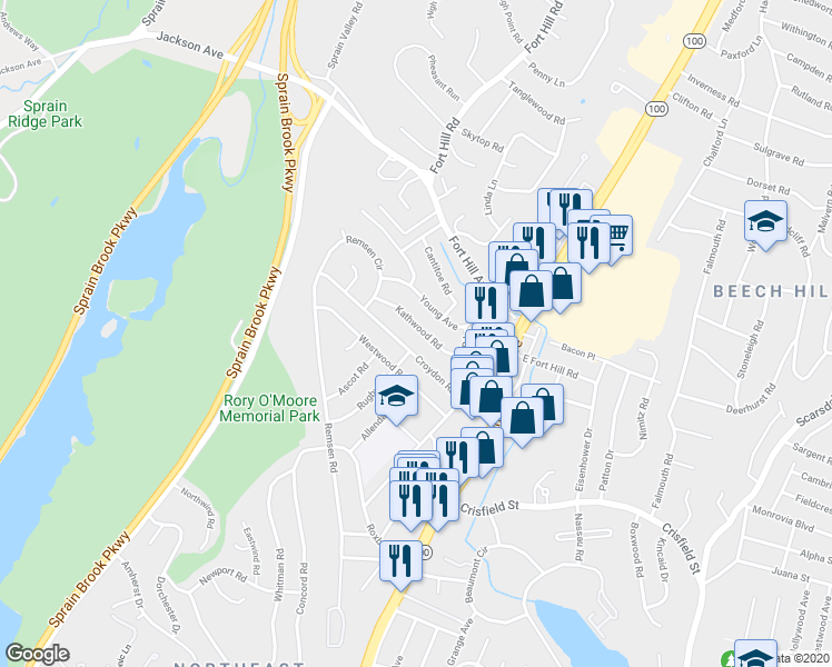 map of restaurants, bars, coffee shops, grocery stores, and more near 63 Westwood Road in Yonkers