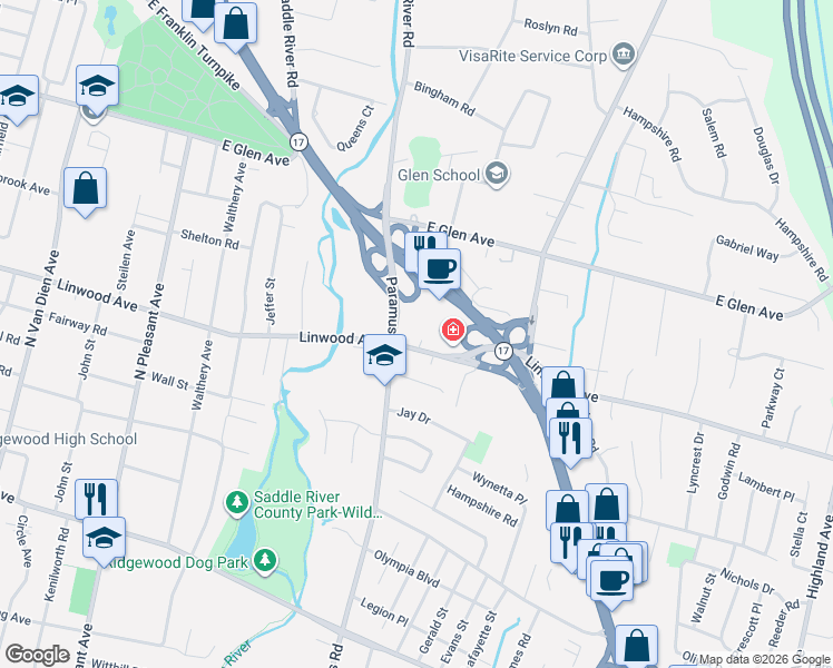 map of restaurants, bars, coffee shops, grocery stores, and more near 48 Linwood Avenue in Paramus