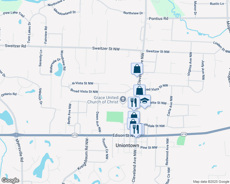 map of restaurants, bars, coffee shops, grocery stores, and more near 3626 Broad Vista Street Northwest in Uniontown
