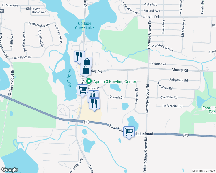 map of restaurants, bars, coffee shops, grocery stores, and more near 136 Gunarh Drive in Akron