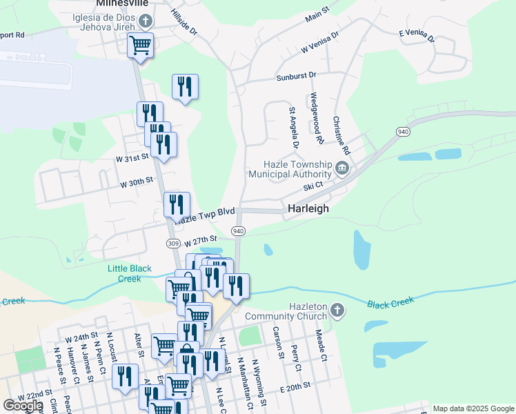 map of restaurants, bars, coffee shops, grocery stores, and more near 1159 Pennsylvania 940 in Harleigh