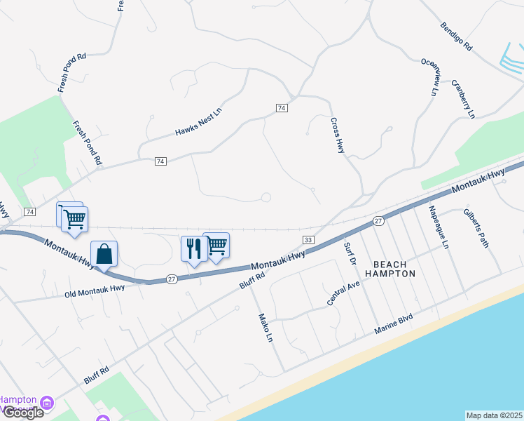 map of restaurants, bars, coffee shops, grocery stores, and more near 82 Scrimshaw Lane in Amagansett