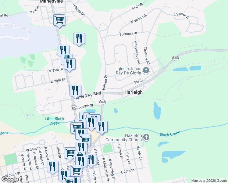 map of restaurants, bars, coffee shops, grocery stores, and more near in Harleigh